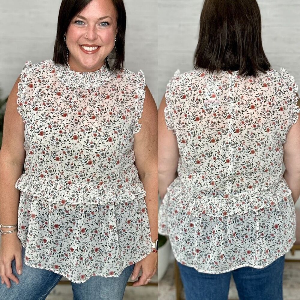 Hayden Off White Floral Smock Neck Top Medium‎